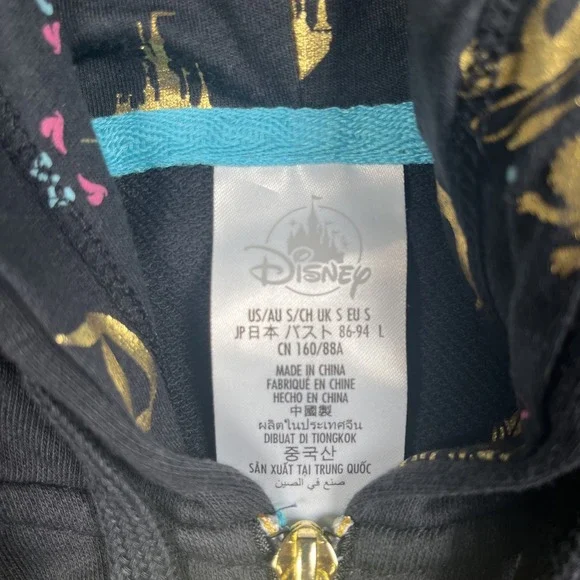 Disney Women Small Sweatshirt Black Hoodie Logo Sleeping Beauty Castle Full Zip - Picture 3 of 10